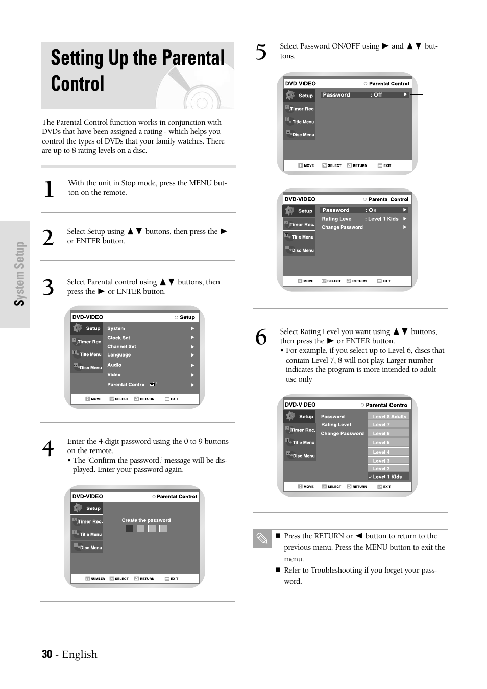 Setting up the parental control, System setup | Samsung DVDVR300 User Manual | Page 30 / 98