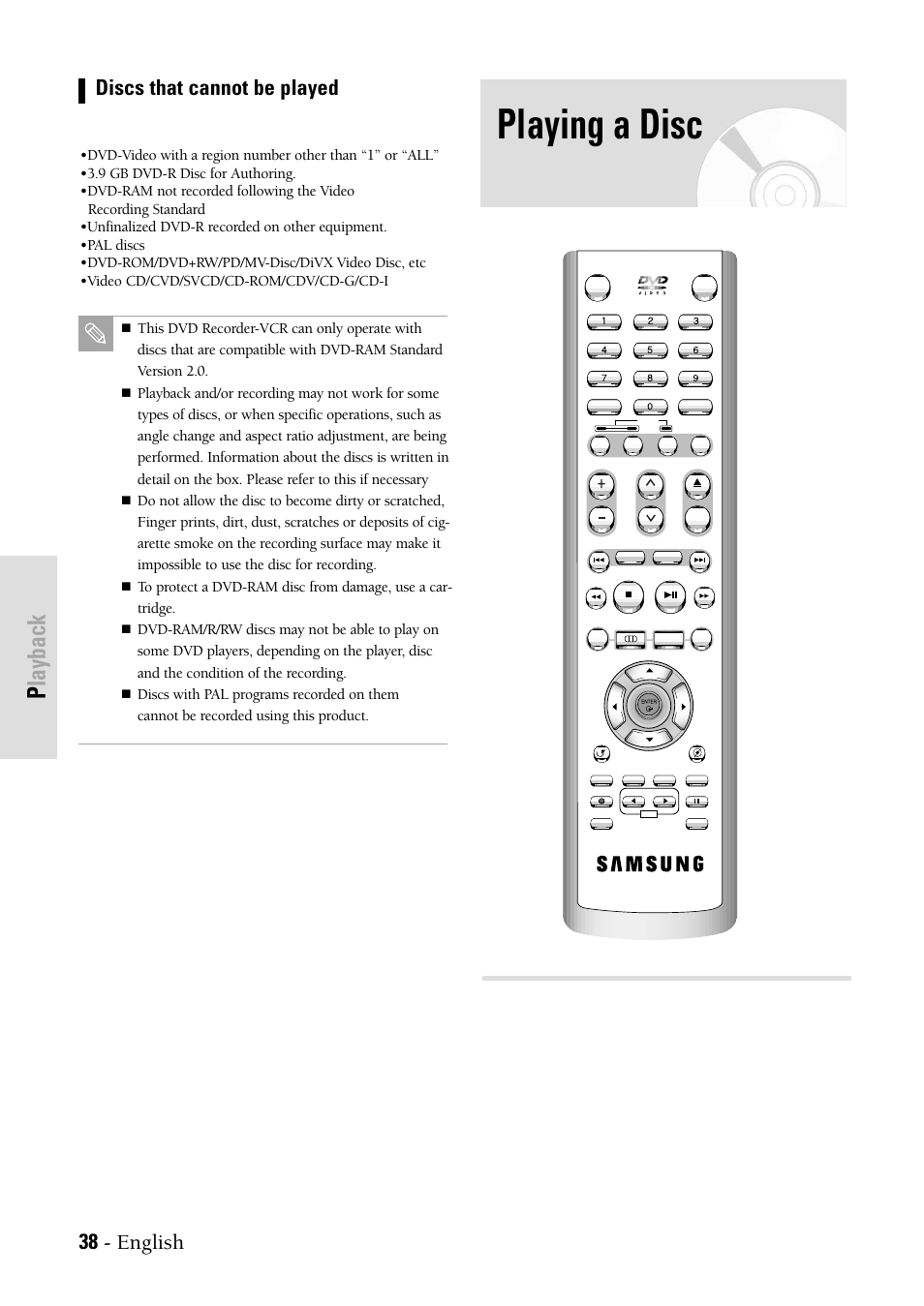 Playing a disc, Playback, 38 - english | Discs that cannot be played | Samsung DVDVR300 User Manual | Page 38 / 98