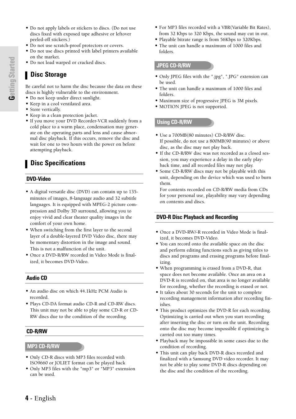 Getting started, 4 - english, Disc storage disc specifications | Samsung DVDVR300 User Manual | Page 4 / 98