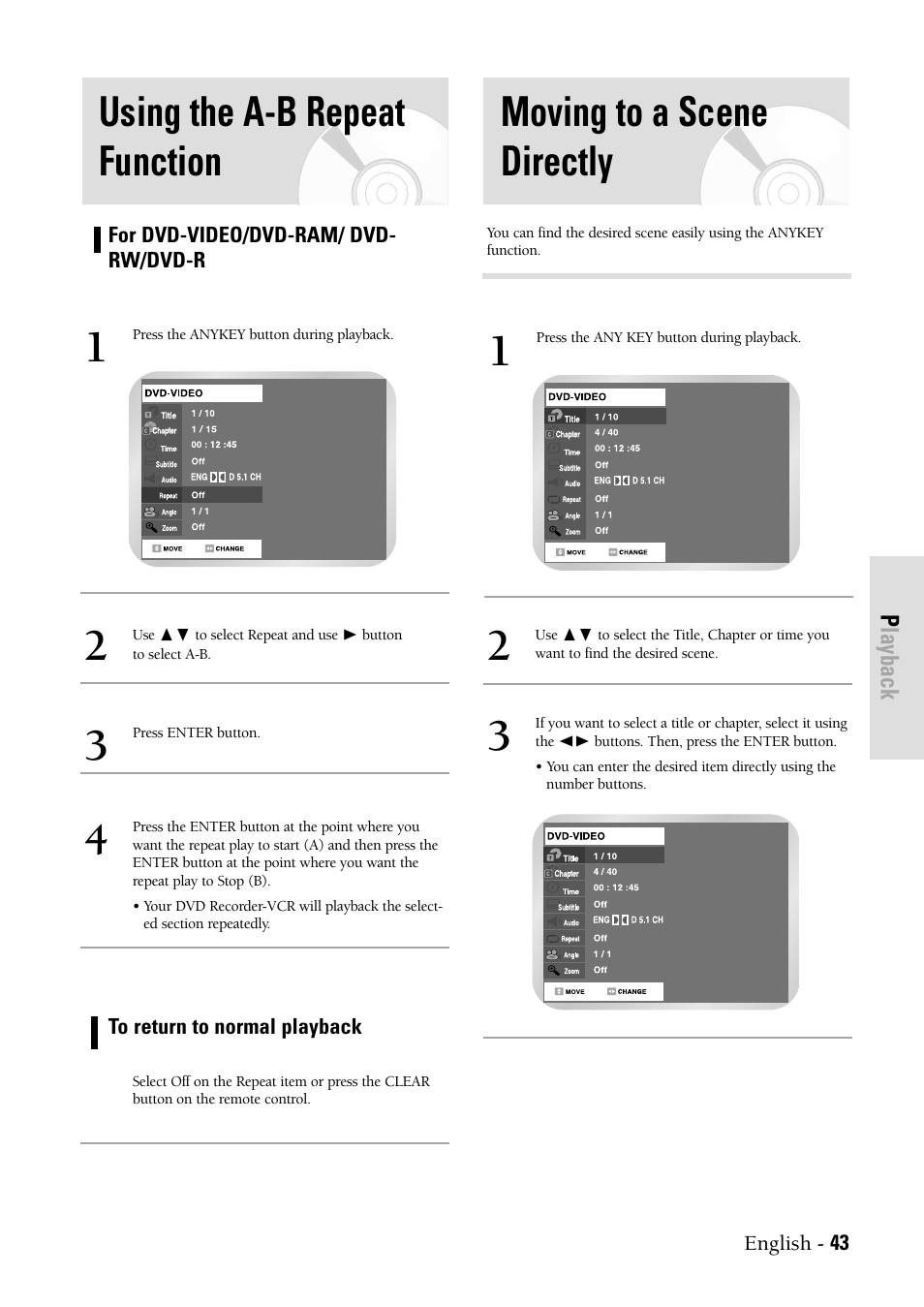 Using the a-b repeat function, Moving to a scene directly | Samsung DVDVR300 User Manual | Page 43 / 98