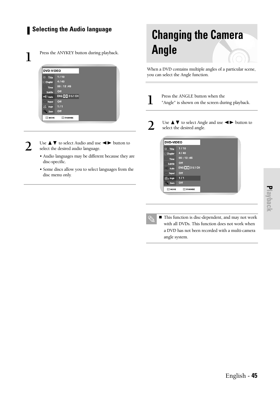 Changing the camera angle, Playback | Samsung DVDVR300 User Manual | Page 45 / 98