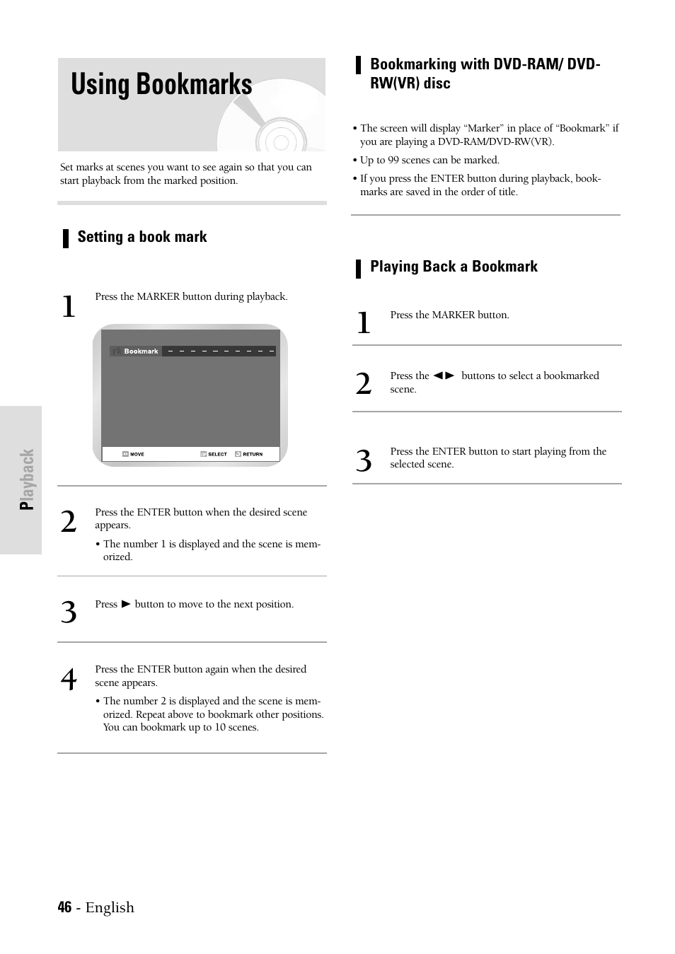 Using bookmarks | Samsung DVDVR300 User Manual | Page 46 / 98
