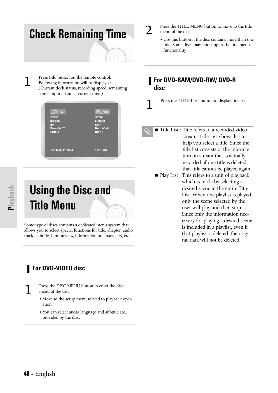 Check remaining time, Using the disc and title menu | Samsung DVDVR300 User Manual | Page 48 / 98