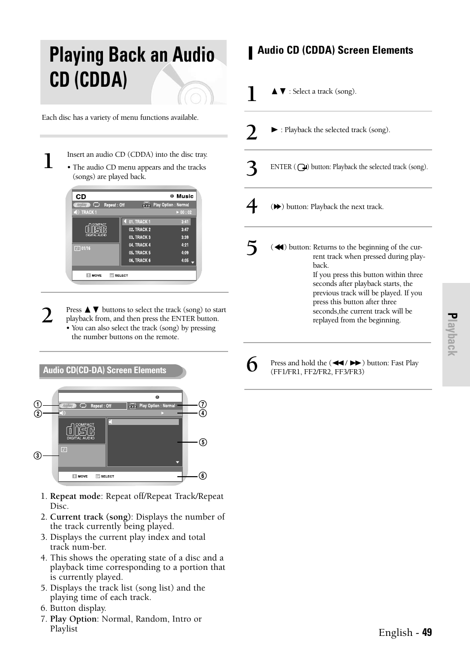 Playing back an audio cd (cdda), Playback, English - 49 audio cd (cdda) screen elements | Samsung DVDVR300 User Manual | Page 49 / 98