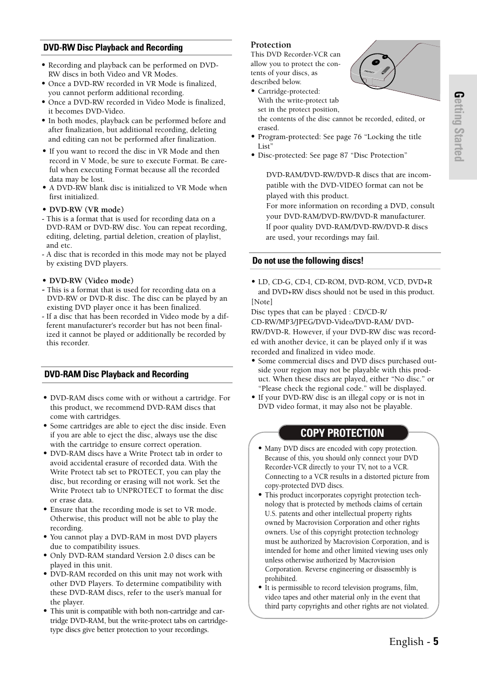 Getting started, English - 5, Copy protection | Samsung DVDVR300 User Manual | Page 5 / 98