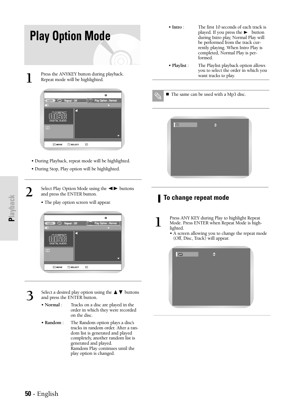 Play option mode, Playback, 50 - english | Samsung DVDVR300 User Manual | Page 50 / 98