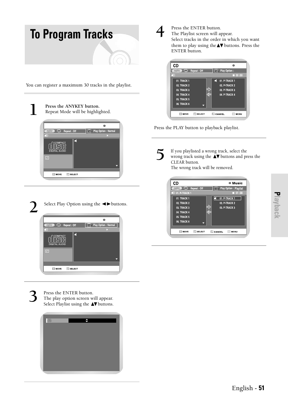 To program tracks, Playback, English - 51 | Samsung DVDVR300 User Manual | Page 51 / 98