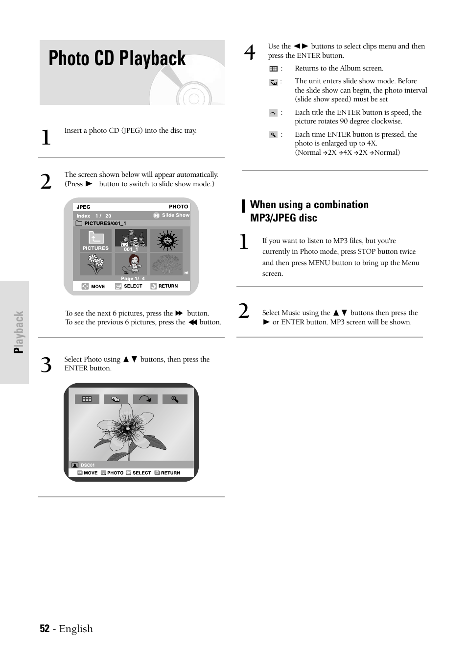 Photo cd playback, Playback | Samsung DVDVR300 User Manual | Page 52 / 98