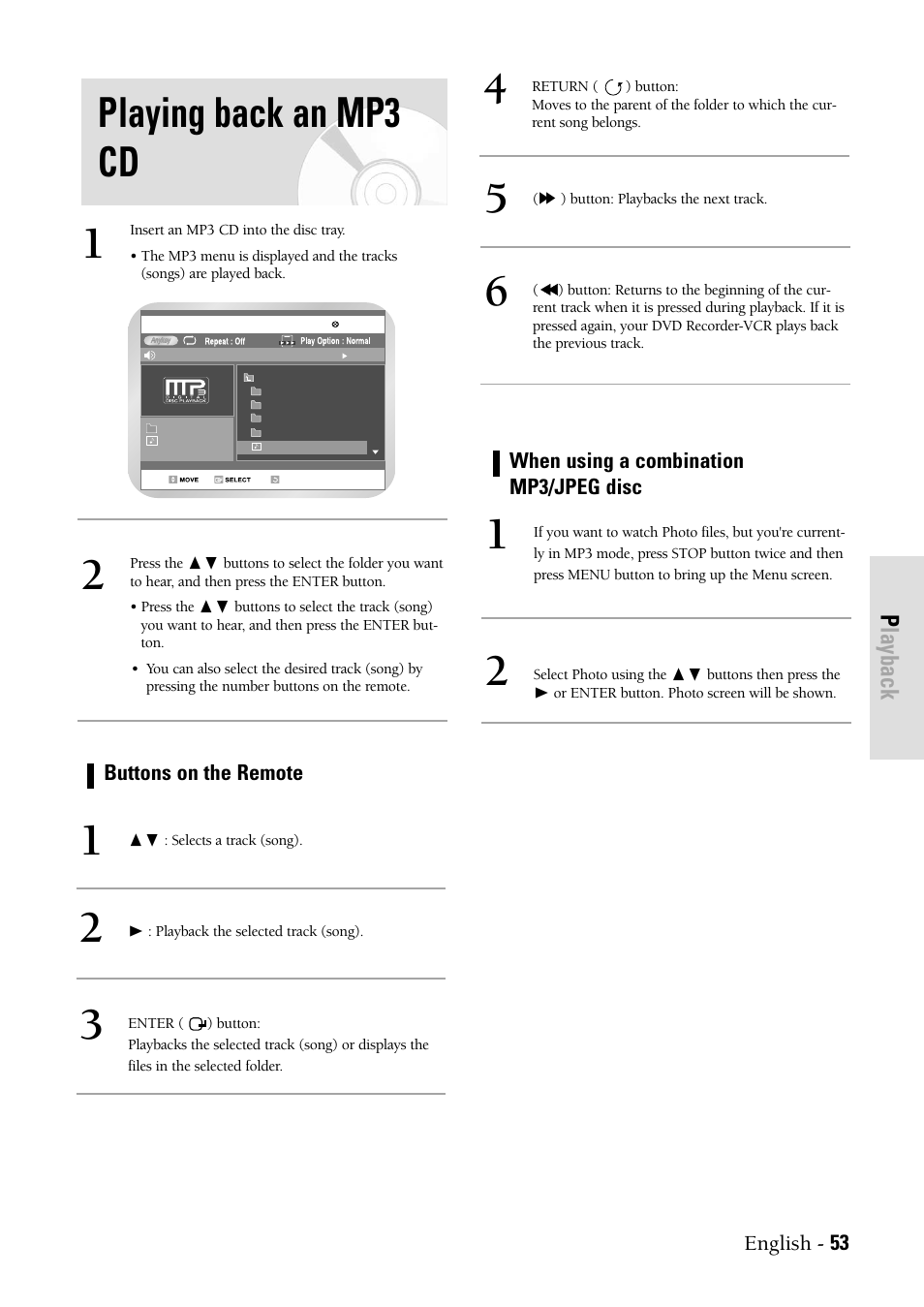 Playing back an mp3 cd, Playback | Samsung DVDVR300 User Manual | Page 53 / 98