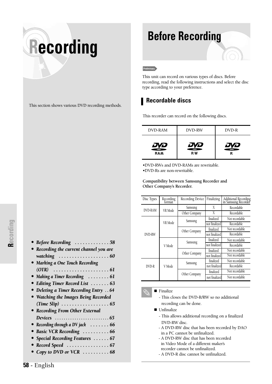 Recording, Dvd recording, Before recording | 58 - english, Recordable discs | Samsung DVDVR300 User Manual | Page 58 / 98