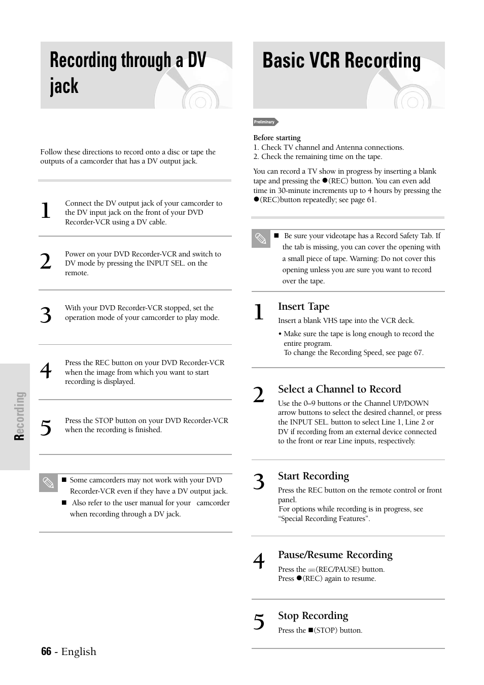 Recording through a dv jack, Vcr recording, Basic vcr recording | Samsung DVDVR300 User Manual | Page 66 / 98
