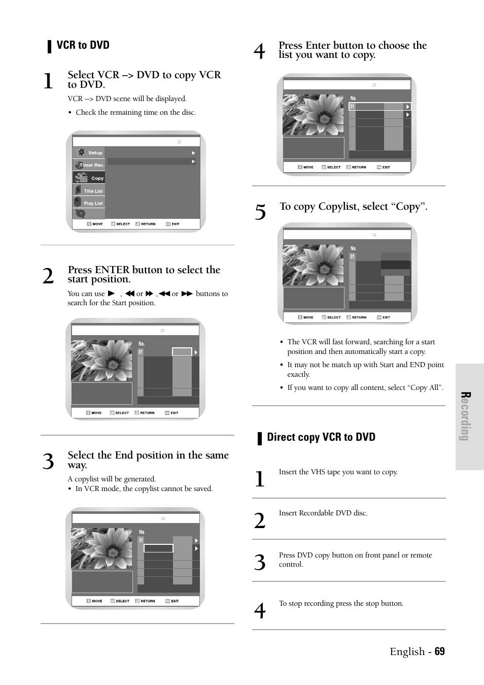 Recording, Select the end position in the same way, Vcr to dvd select vcr --> dvd to copy vcr to dvd | Direct copy vcr to dvd | Samsung DVDVR300 User Manual | Page 69 / 98