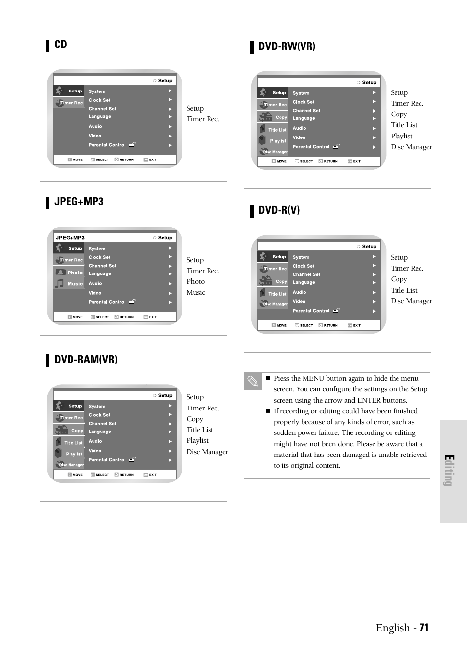 Editing, English - 71, Jpeg+mp3 | Dvd-ram(vr), Dvd-rw(vr), Dvd-r(v) | Samsung DVDVR300 User Manual | Page 71 / 98