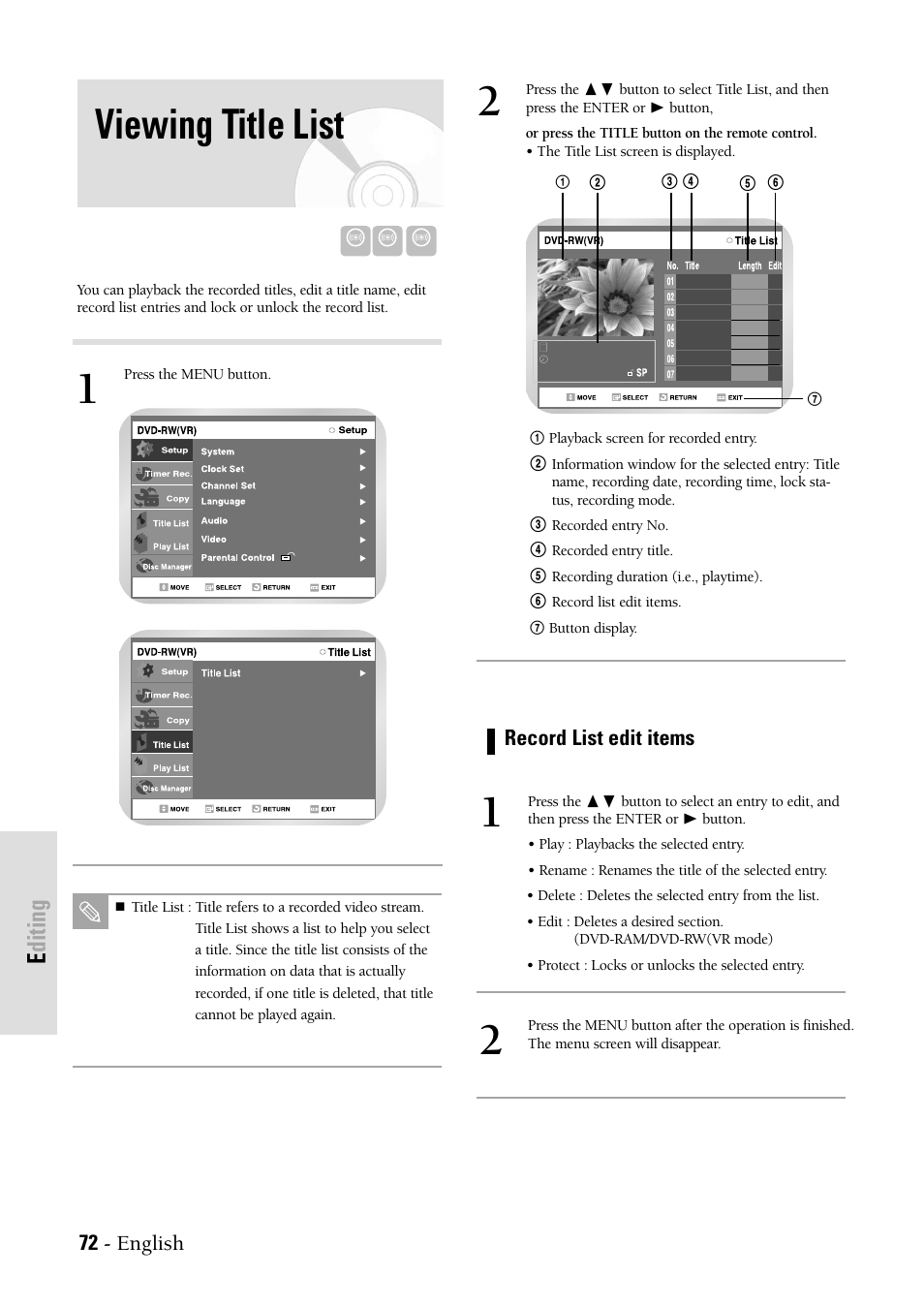 Viewing title list, Editing, 72 - english | Record list edit items | Samsung DVDVR300 User Manual | Page 72 / 98