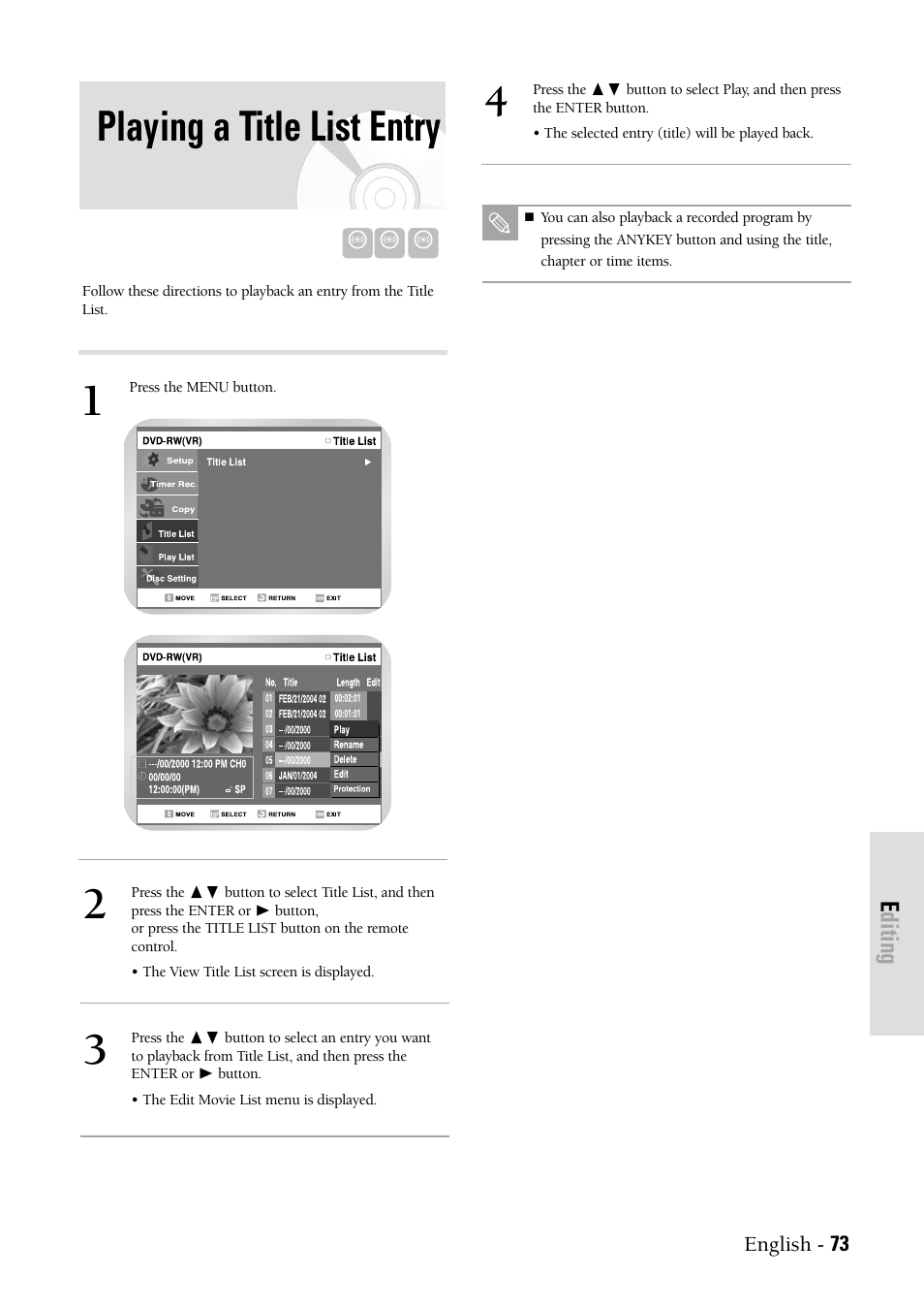 Playing a title list entry, Editing | Samsung DVDVR300 User Manual | Page 73 / 98