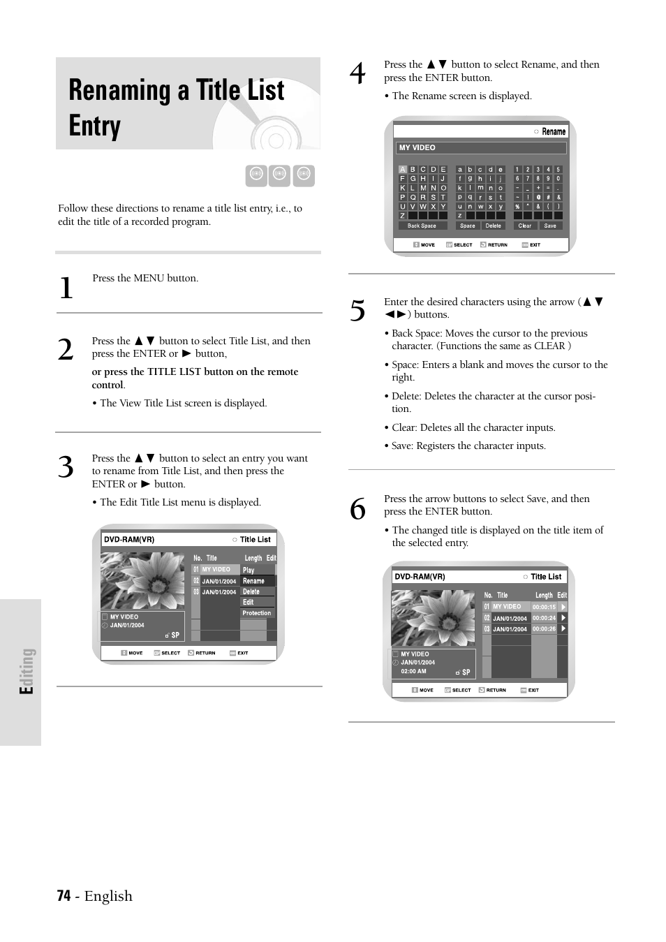 Renaming a title list entry, Editing | Samsung DVDVR300 User Manual | Page 74 / 98