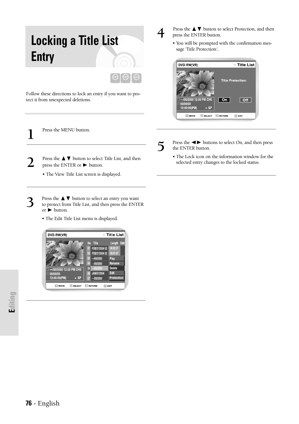 Locking a title list entry, Editing | Samsung DVDVR300 User Manual | Page 76 / 98
