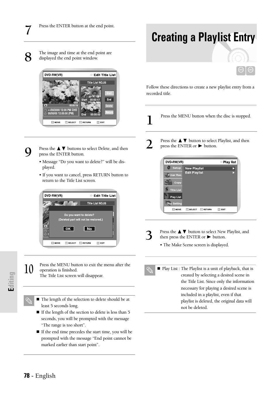 Creating a playlist entry, Editing | Samsung DVDVR300 User Manual | Page 78 / 98