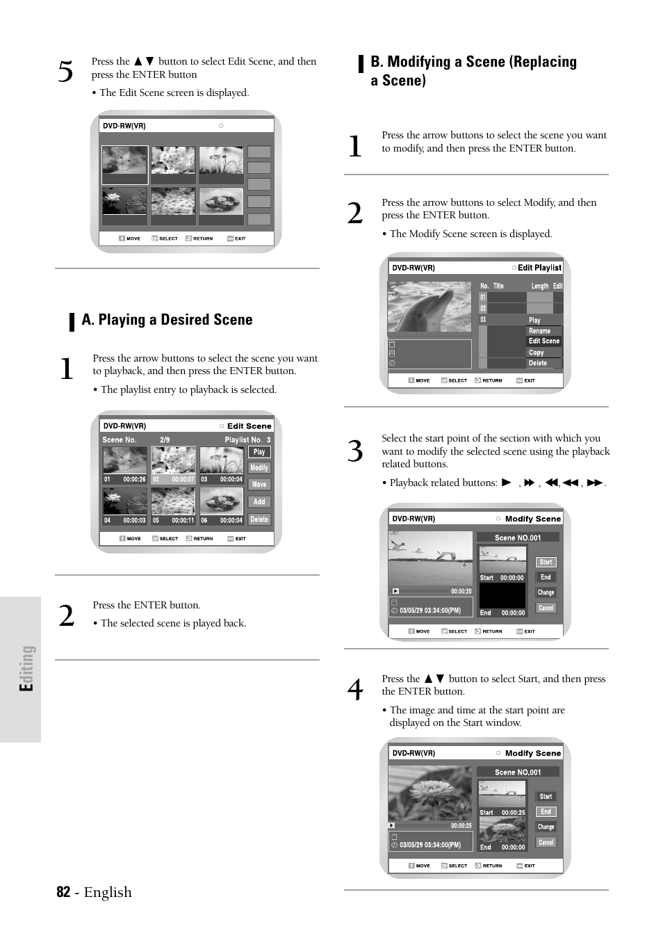 Editing, 82 - english, B. modifying a scene (replacing a scene) | A. playing a desired scene | Samsung DVDVR300 User Manual | Page 82 / 98