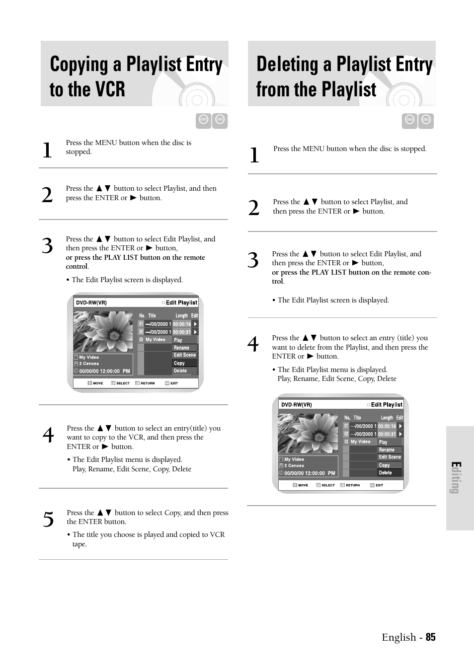 Copying a playlist entry to the vcr, Deleting a playlist entry from the playlist, Editing | Samsung DVDVR300 User Manual | Page 85 / 98