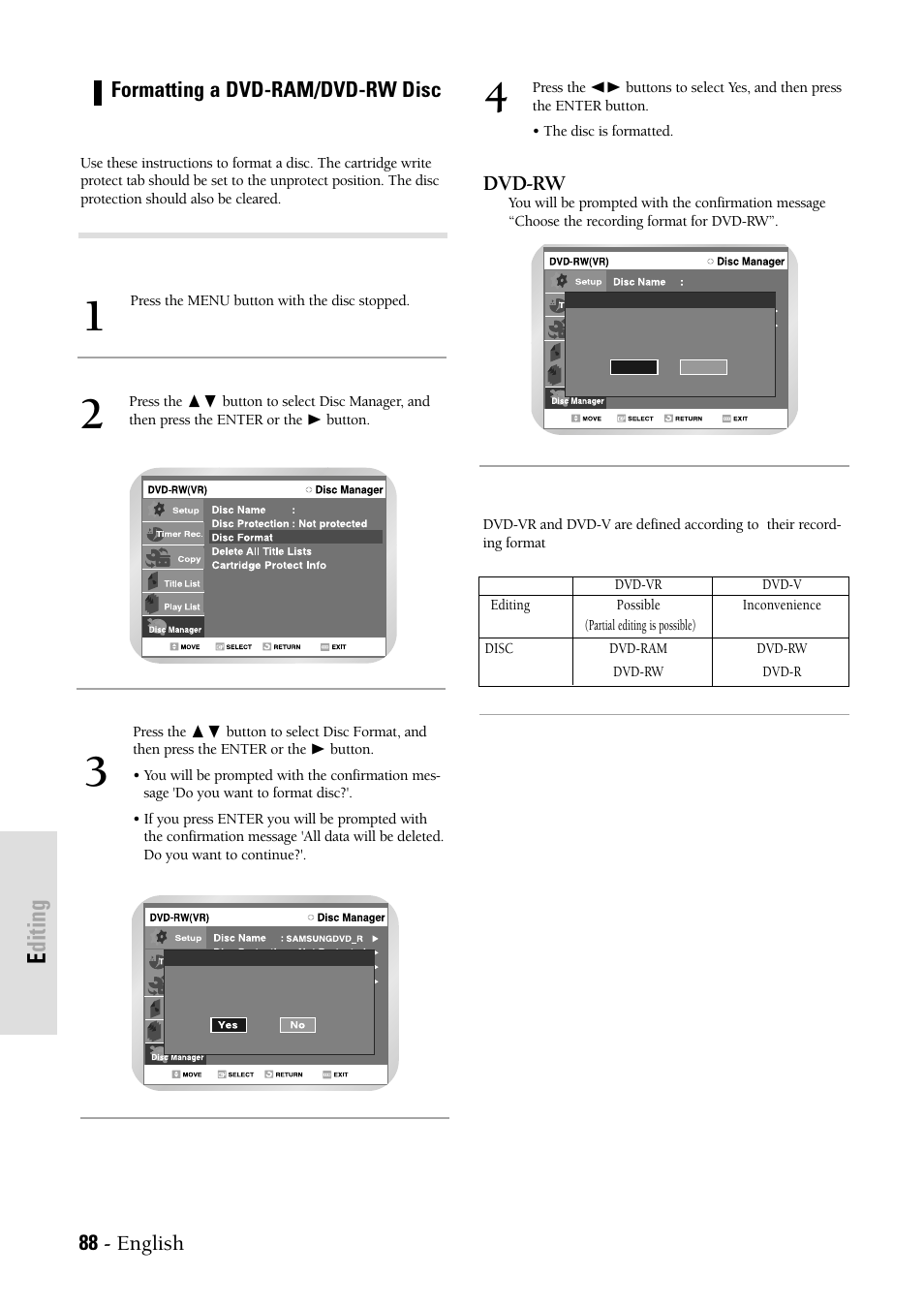 Editing, 88 - english, Dvd-rw | Formatting a dvd-ram/dvd-rw disc | Samsung DVDVR300 User Manual | Page 88 / 98