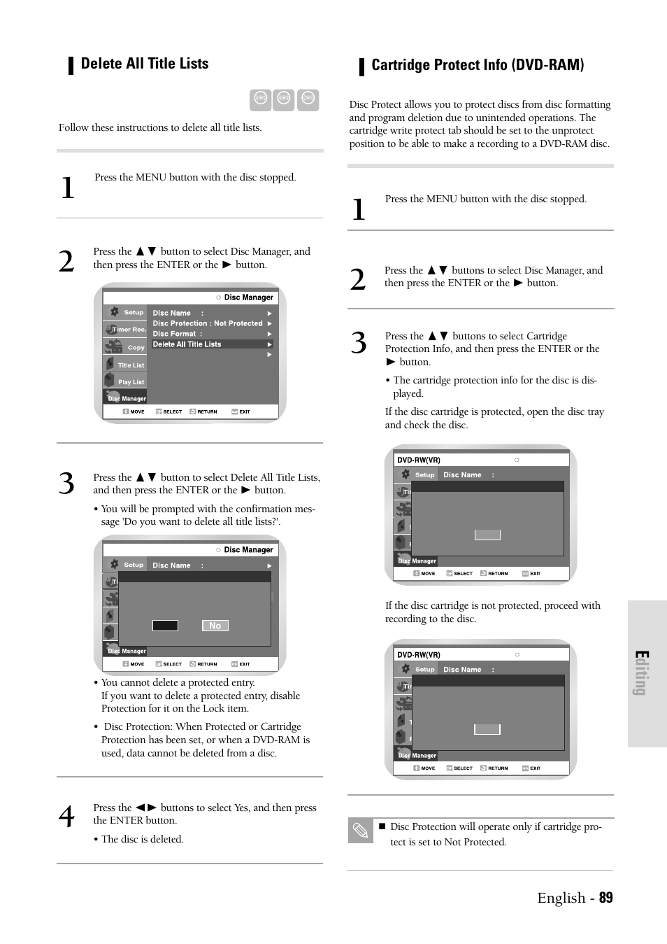 Editing, English - 89, Delete all title lists | Cartridge protect info (dvd-ram) | Samsung DVDVR300 User Manual | Page 89 / 98