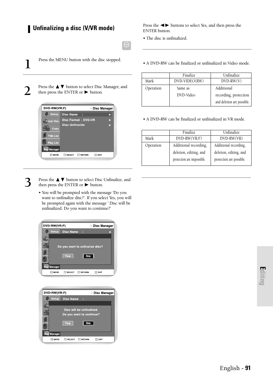 Editing, English - 91 unfinalizing a disc (v/vr mode) | Samsung DVDVR300 User Manual | Page 91 / 98