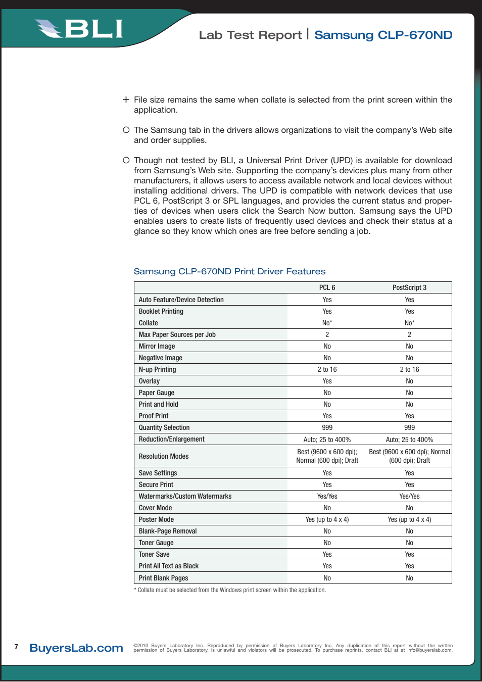 Lab test report, Samsung clp-670nd | Samsung CLP-670ND User Manual | Page 7 / 18