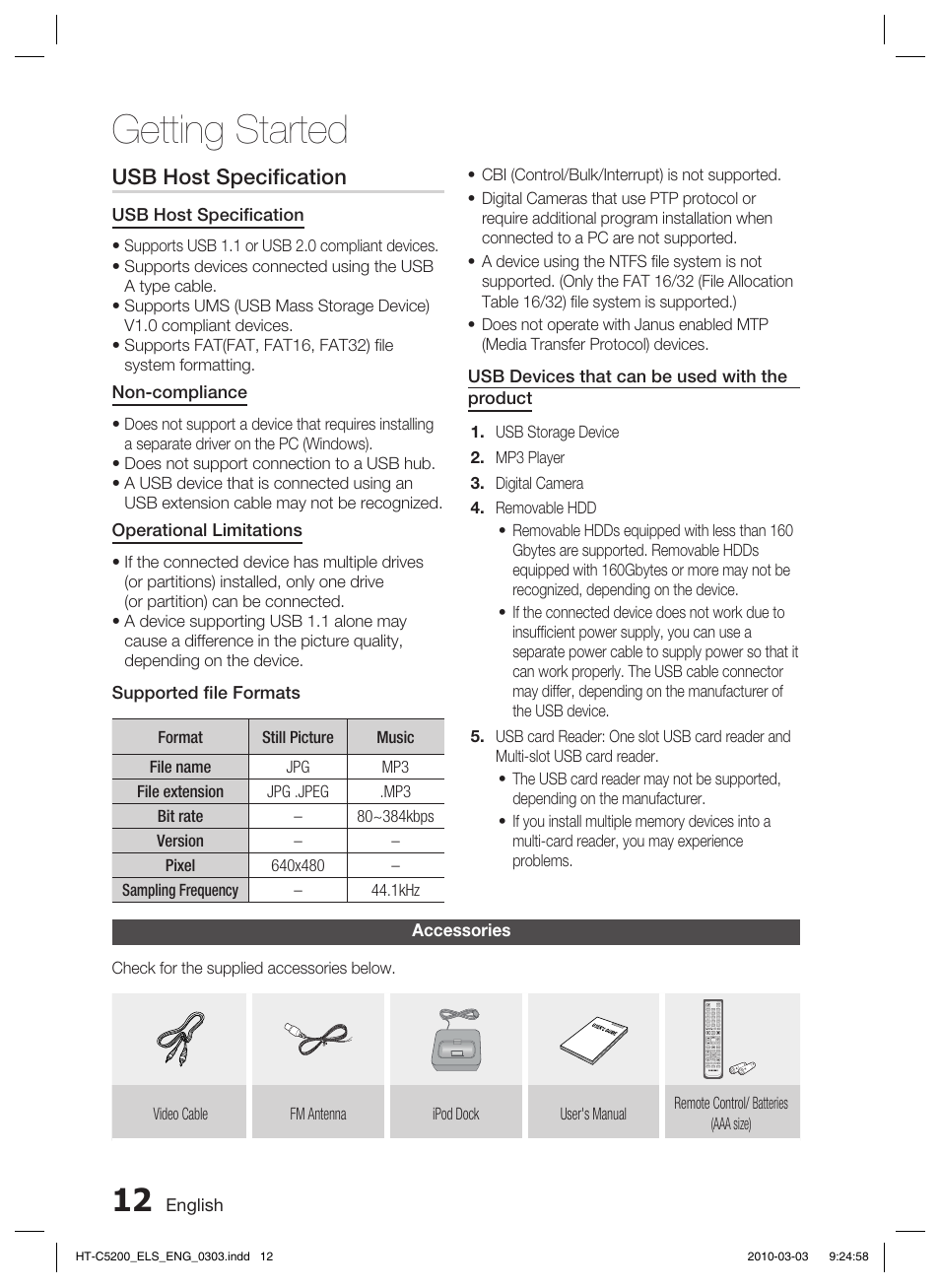 Accessories, Getting started, Usb host speciﬁ cation | Samsung HT-C5200 User Manual | Page 12 / 65