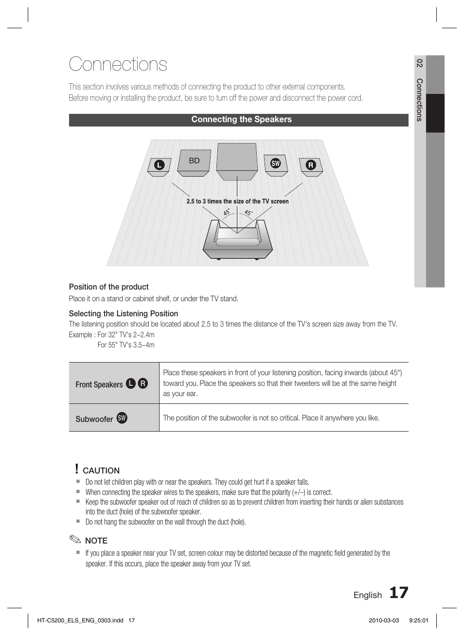 Connections, Connecting the speakers | Samsung HT-C5200 User Manual | Page 17 / 65