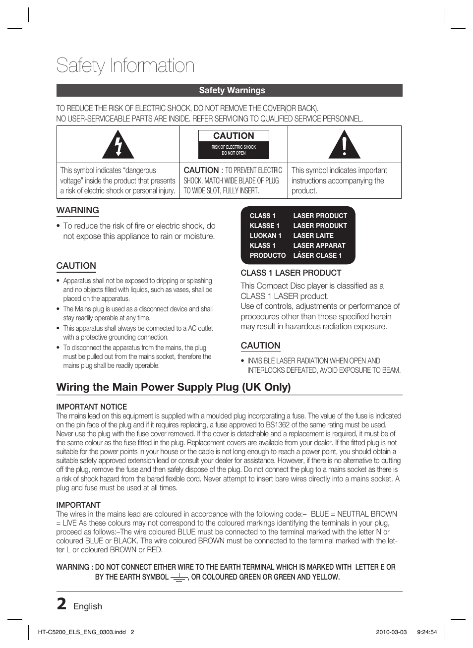 Safety information, Safety warnings, Wiring the main power supply plug (uk only) | Samsung HT-C5200 User Manual | Page 2 / 65