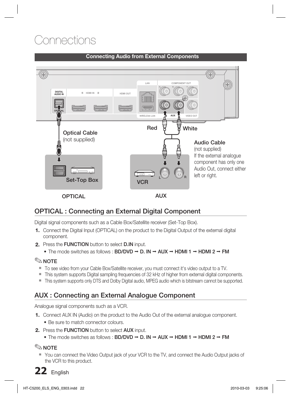 Connecting audio from external components, Connections, Optical : connecting an external digital component | Aux : connecting an external analogue component | Samsung HT-C5200 User Manual | Page 22 / 65