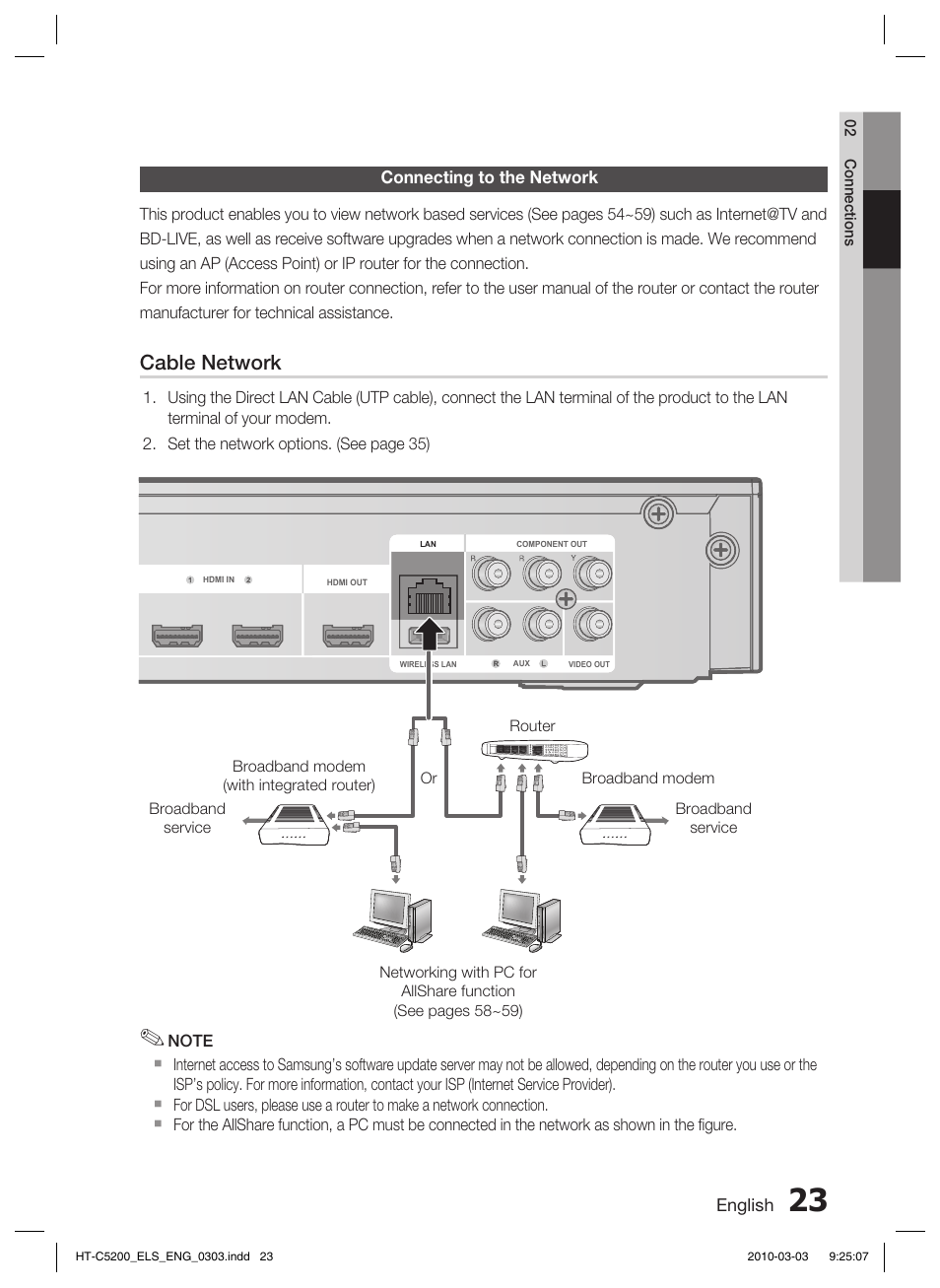 Connecting to the network, Cable network | Samsung HT-C5200 User Manual | Page 23 / 65