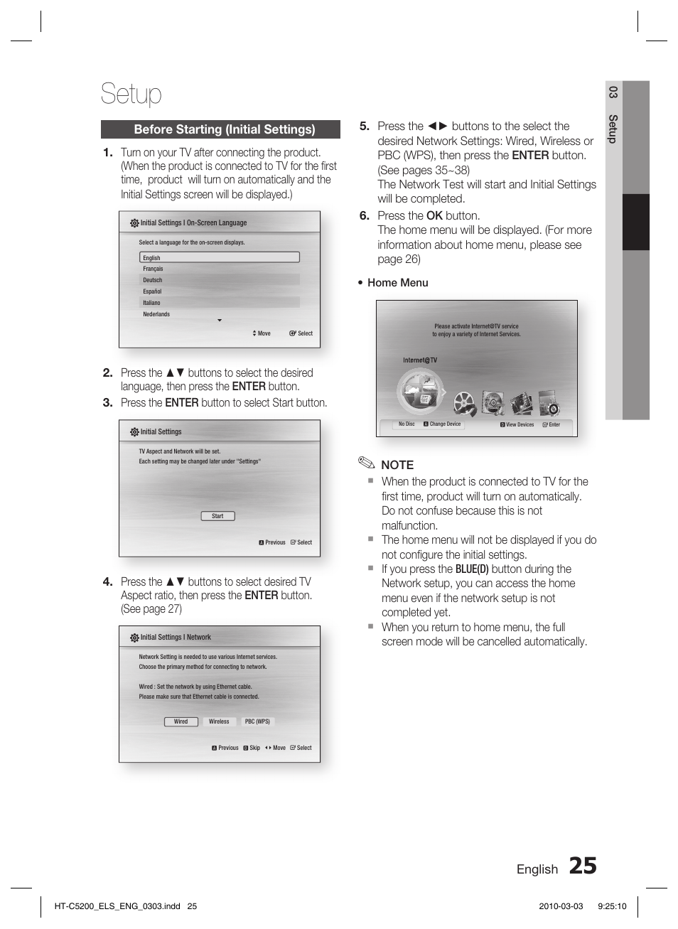 Setup, Before starting (initial settings), English | Samsung HT-C5200 User Manual | Page 25 / 65