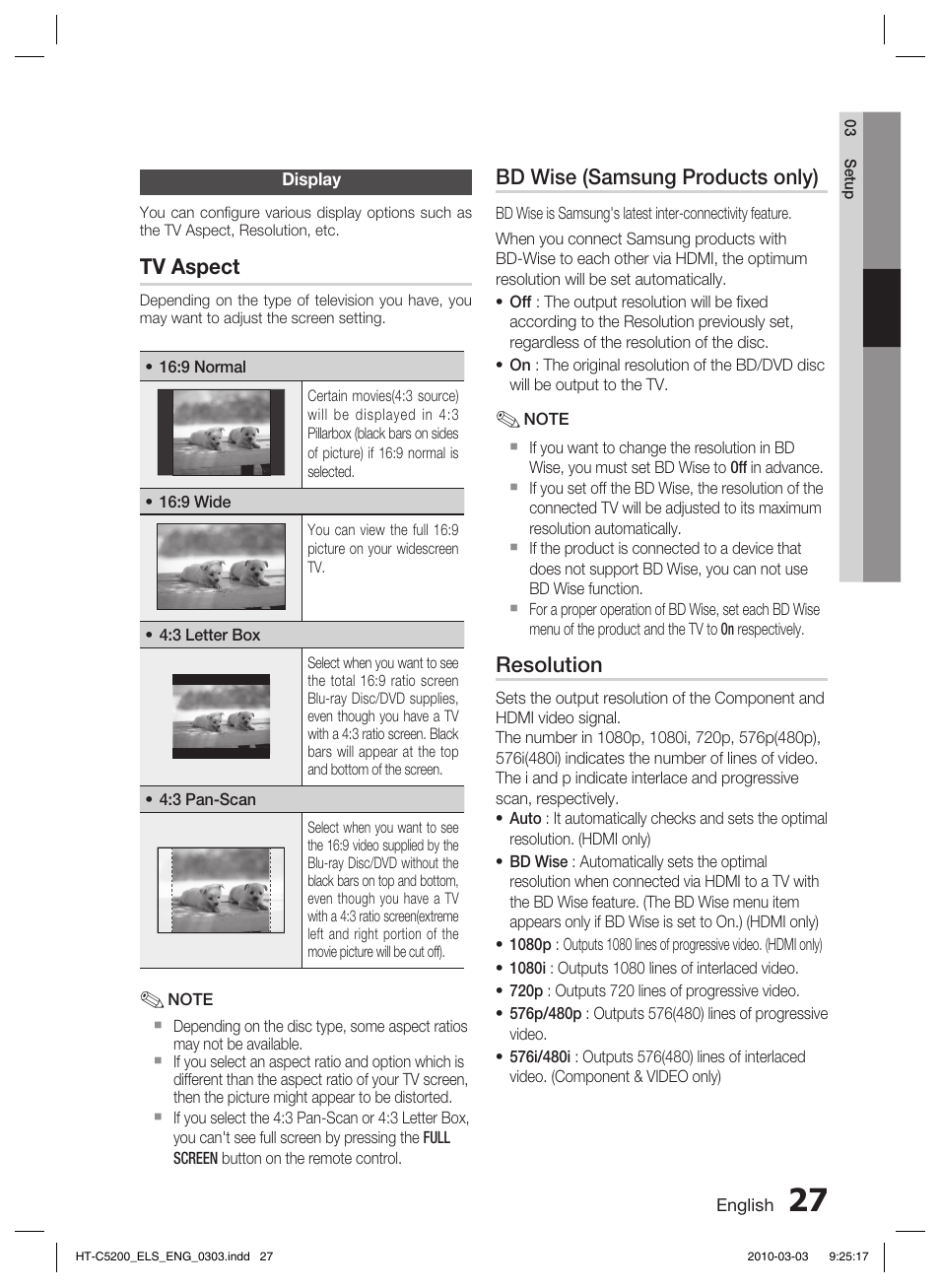 Display, Tv aspect, Bd wise (samsung products only) | Resolution | Samsung HT-C5200 User Manual | Page 27 / 65