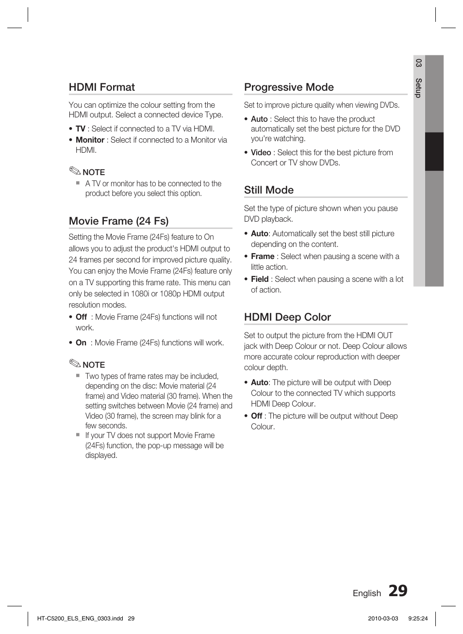 Hdmi format, Movie frame (24 fs), Progressive mode | Still mode, Hdmi deep color | Samsung HT-C5200 User Manual | Page 29 / 65