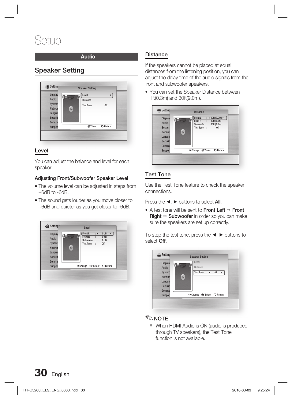 Audio, Setup, Speaker setting | English, Distance, Test tone, Level | Samsung HT-C5200 User Manual | Page 30 / 65