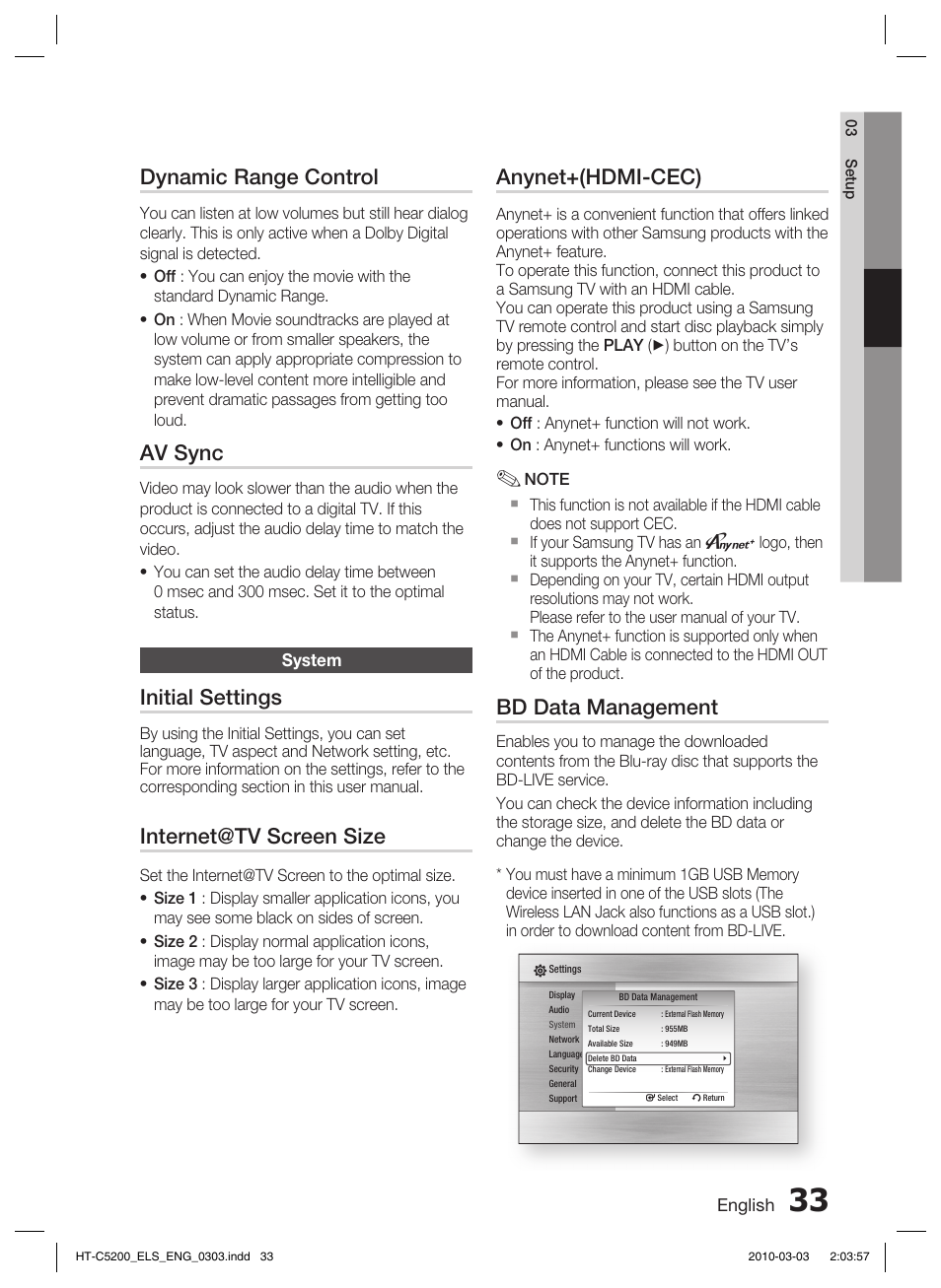 System, Dynamic range control, Av sync | Initial settings, Internet@tv screen size, Anynet+(hdmi-cec), Bd data management | Samsung HT-C5200 User Manual | Page 33 / 65