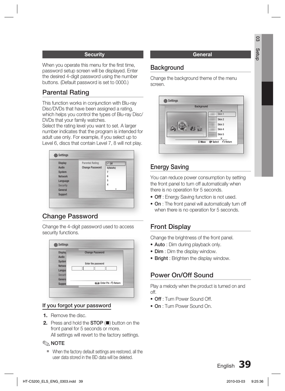 Security, General, Parental rating | Change password, Background, Energy saving, Front display, Power on/off sound, English, If you forgot your password | Samsung HT-C5200 User Manual | Page 39 / 65