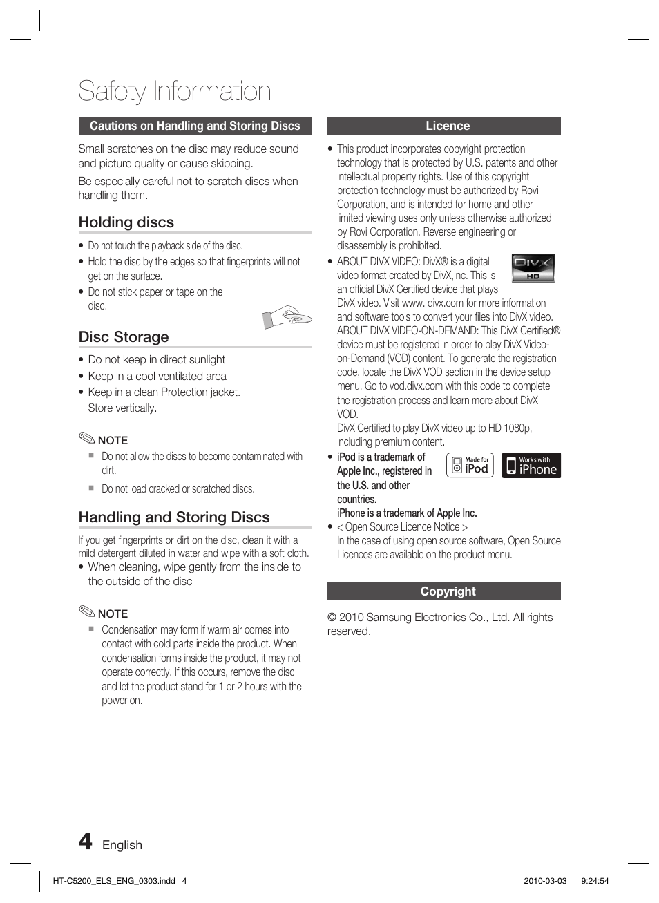 Cautions on handling and storing discs, Licence, Copyright | Safety information | Samsung HT-C5200 User Manual | Page 4 / 65