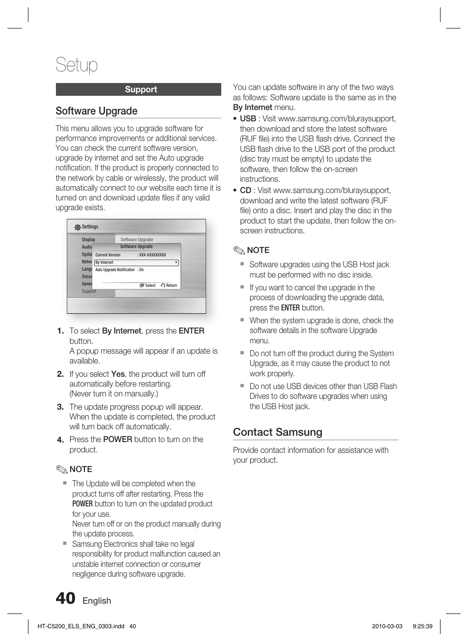 Support, Setup, Software upgrade | Contact samsung | Samsung HT-C5200 User Manual | Page 40 / 65