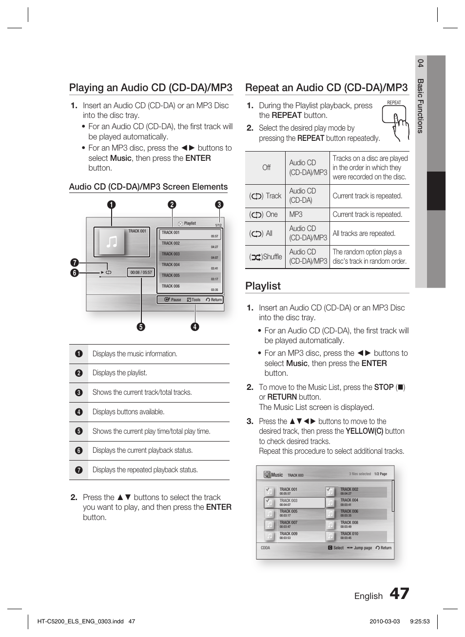 Playing an audio cd (cd-da)/mp3, Repeat an audio cd (cd-da)/mp3, Playlist | English, Audio cd (cd-da)/mp3 screen elements | Samsung HT-C5200 User Manual | Page 47 / 65
