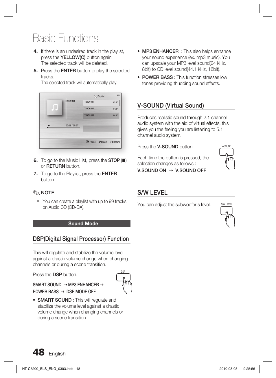 Sound mode, Playing back a picture, Basic functions | V-sound (virtual sound), Dsp(digital signal processor) function, S/w level | Samsung HT-C5200 User Manual | Page 48 / 65