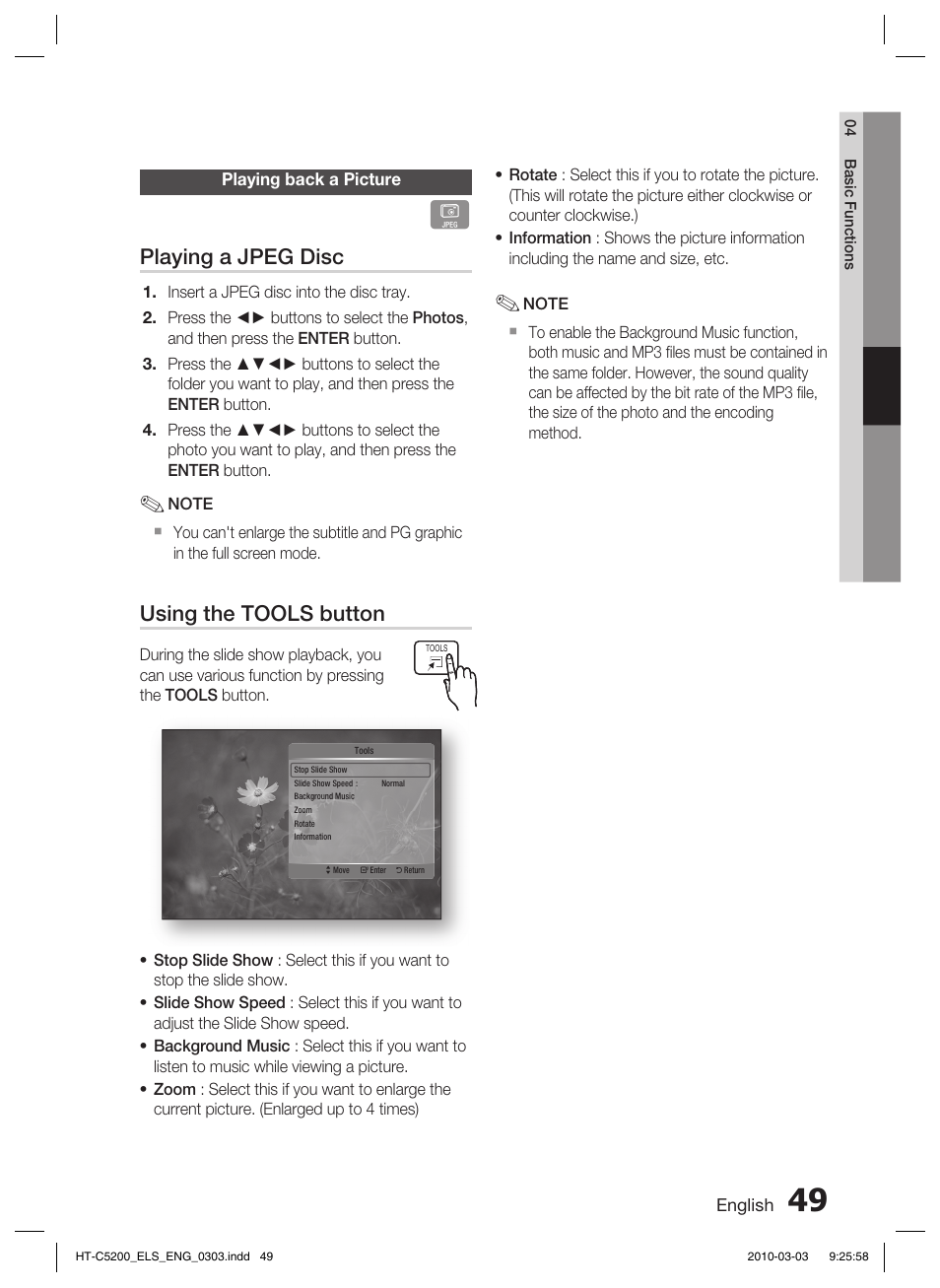 Playing back a usb storage, Listening to radio, Playing a jpeg disc | Using the tools button | Samsung HT-C5200 User Manual | Page 49 / 65
