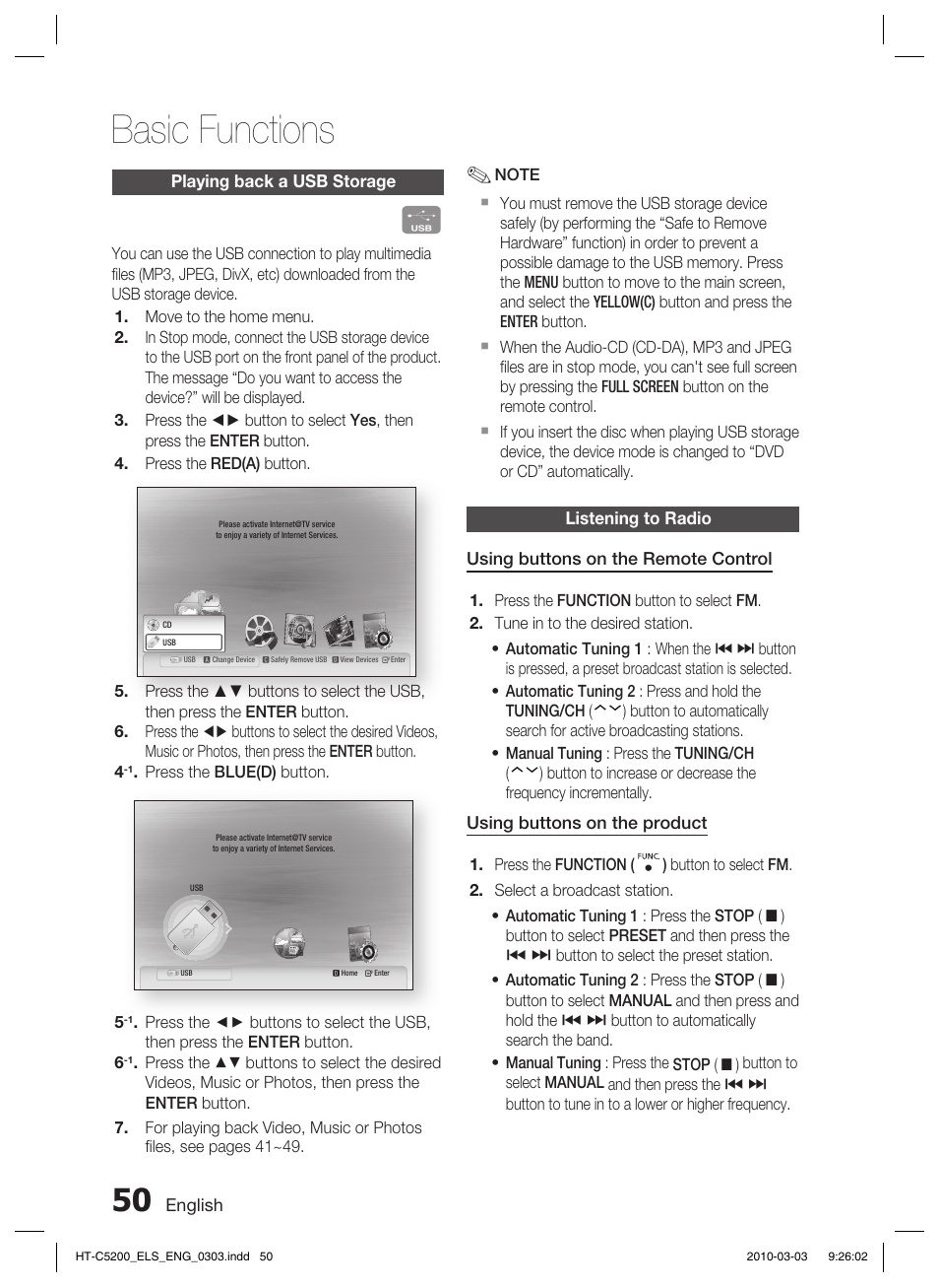 Basic functions | Samsung HT-C5200 User Manual | Page 50 / 65