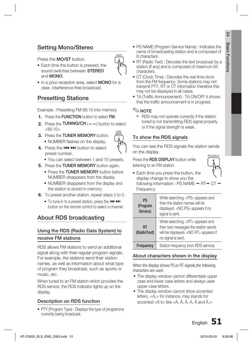 Using an ipod, Setting mono/stereo, Presetting stations | About rds broadcasting | Samsung HT-C5200 User Manual | Page 51 / 65