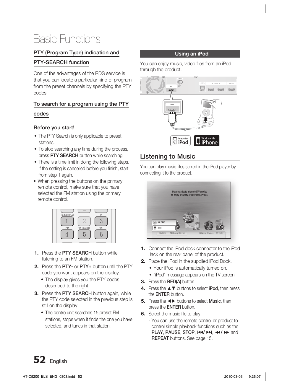Basic functions, Listening to music, English | Using an ipod | Samsung HT-C5200 User Manual | Page 52 / 65