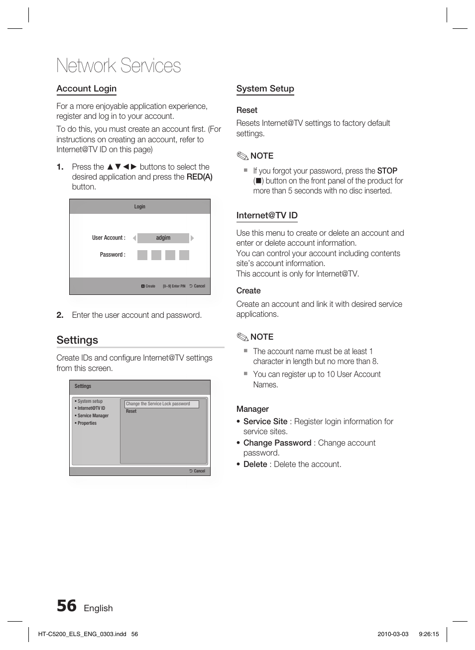 Network services, Settings | Samsung HT-C5200 User Manual | Page 56 / 65