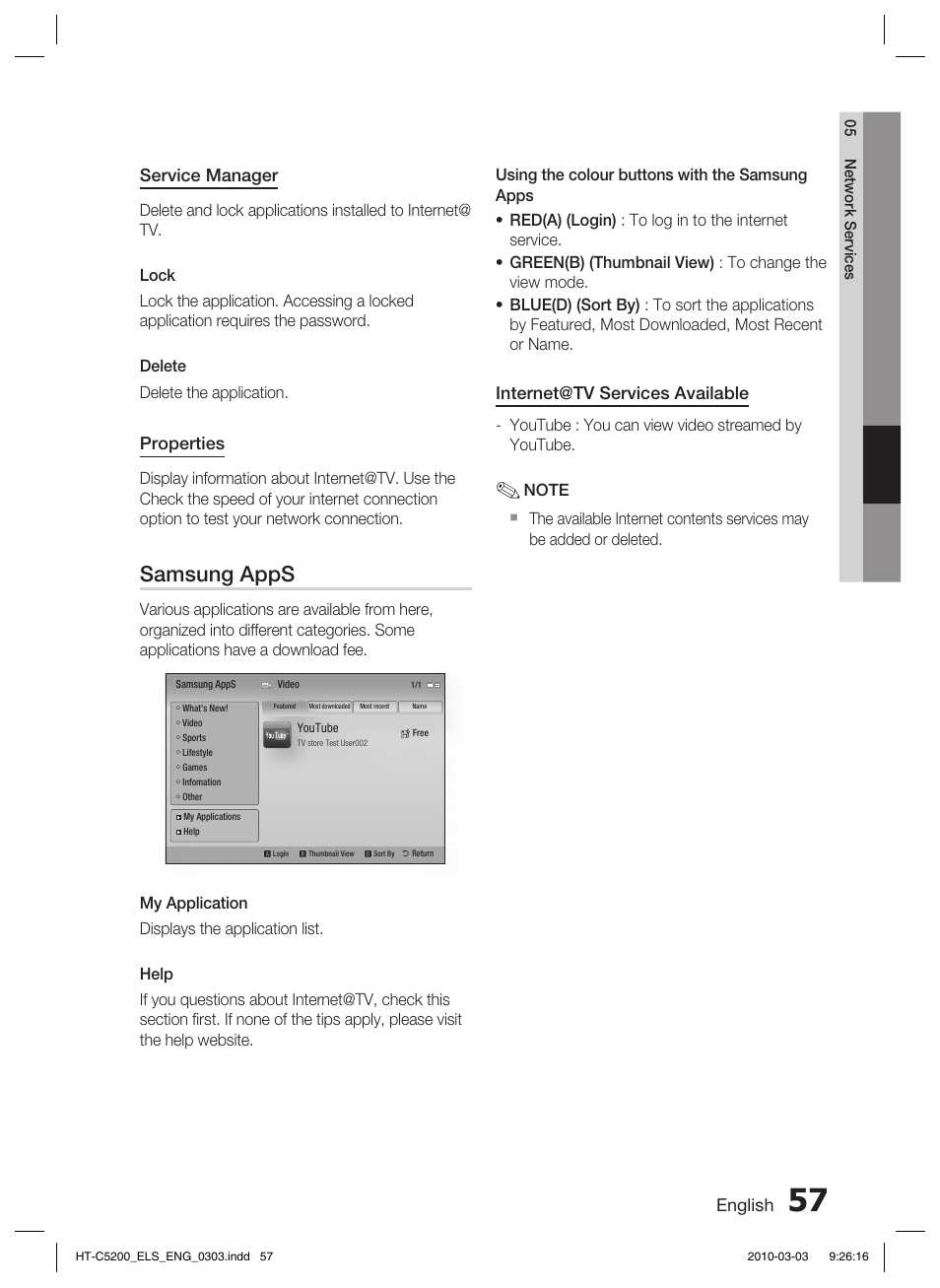 Bd-live, Using the allshare function, Software upgrade notifi cation | Samsung apps, English, Service manager, Properties, Internet@tv services available | Samsung HT-C5200 User Manual | Page 57 / 65