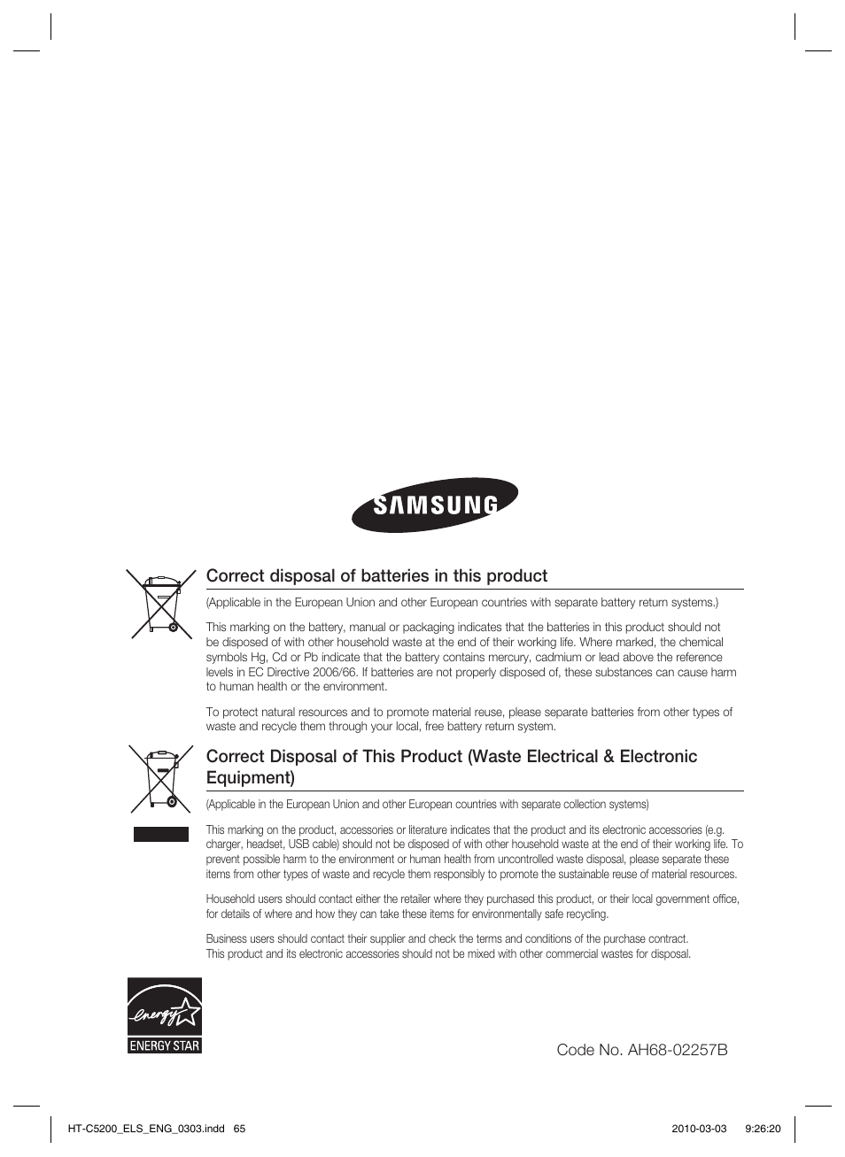 Correct disposal of batteries in this product | Samsung HT-C5200 User Manual | Page 65 / 65